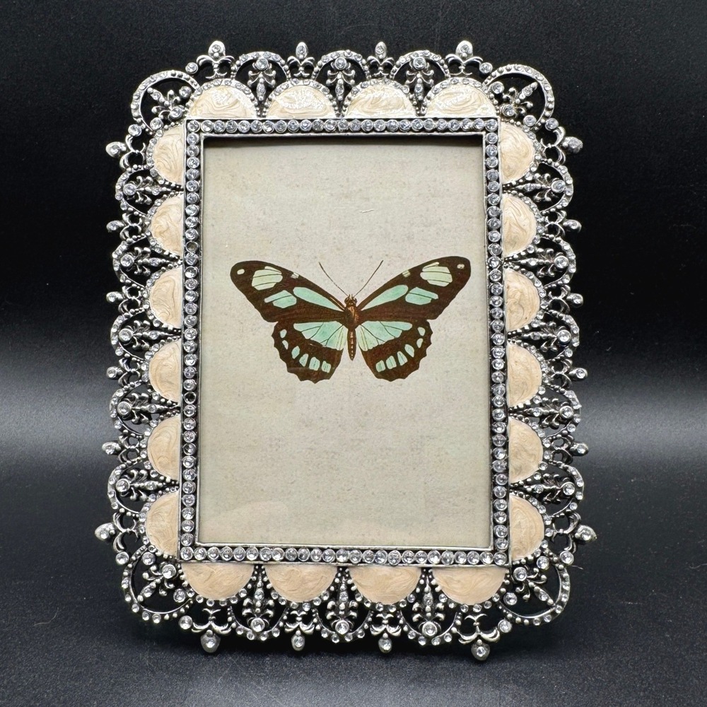 Vtg Style Ornate Jeweled Filigree Whimsigoth 4x6 Picture Frame Enamel Rhinestone